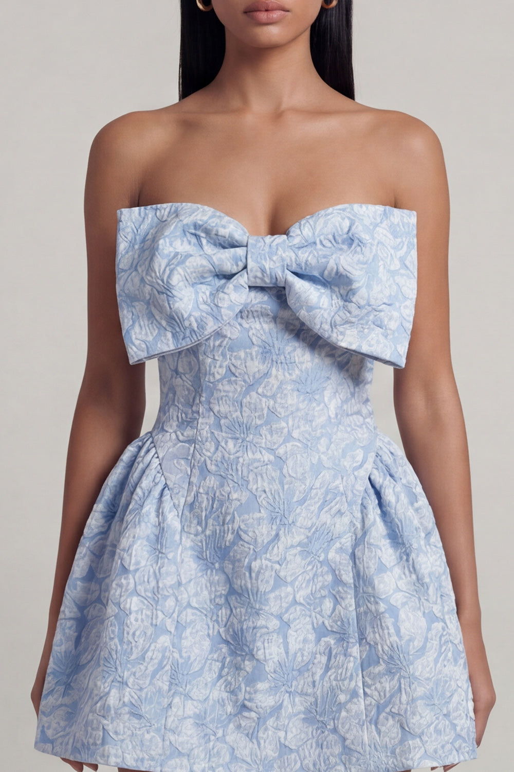 Strapless Blue A Line Short Floral Wedding Guest Dress with Bow