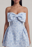 Strapless Blue A Line Short Floral Wedding Guest Dress with Bow