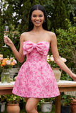 Strapless Blue A Line Short Floral Wedding Guest Dress with Bow