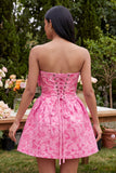 Strapless Blue A Line Short Floral Wedding Guest Dress with Bow
