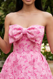 Strapless Blue A Line Short Floral Wedding Guest Dress with Bow