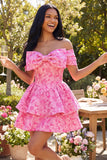 A Line Short Floral Off the Shoulder Fuchsia Ruffled Homecoming Dress with Bow
