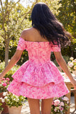 A Line Short Floral Off the Shoulder Fuchsia Ruffled Homecoming Dress with Bow