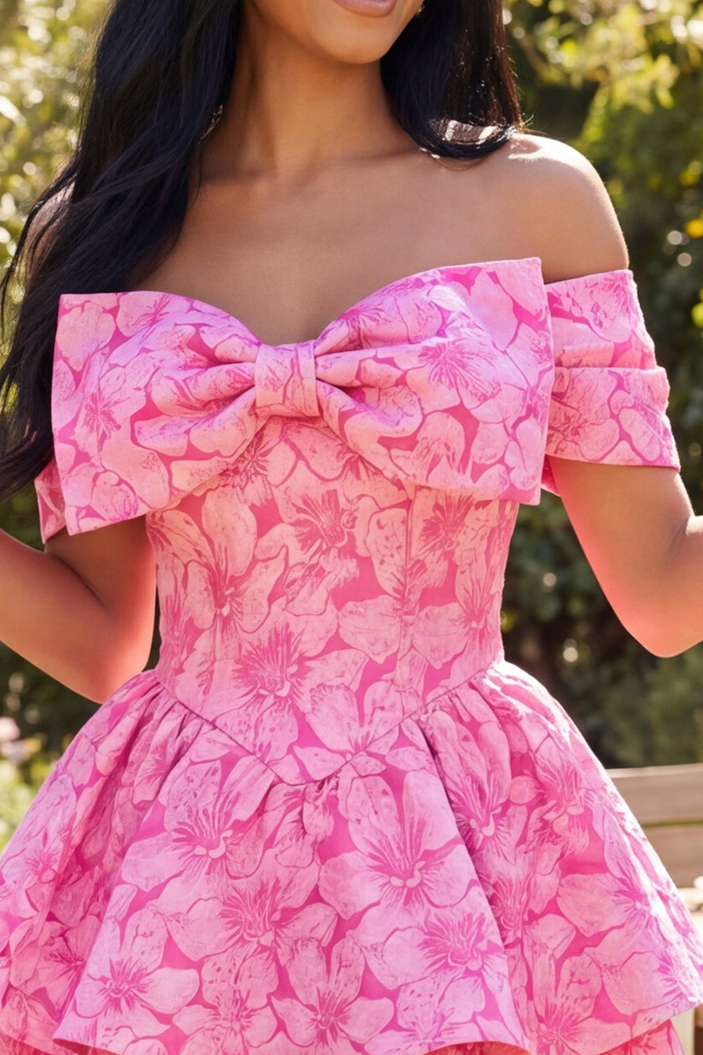 A Line Short Floral Off the Shoulder Fuchsia Ruffled Homecoming Dress with Bow