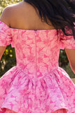 A Line Short Floral Off the Shoulder Fuchsia Ruffled Homecoming Dress with Bow