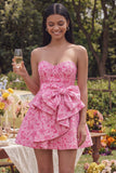A Line Short Floral Fuchsia Ruffled Homecoming Dress with Bow