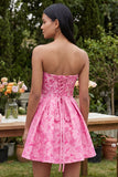 A Line Short Floral Fuchsia Ruffled Homecoming Dress with Bow