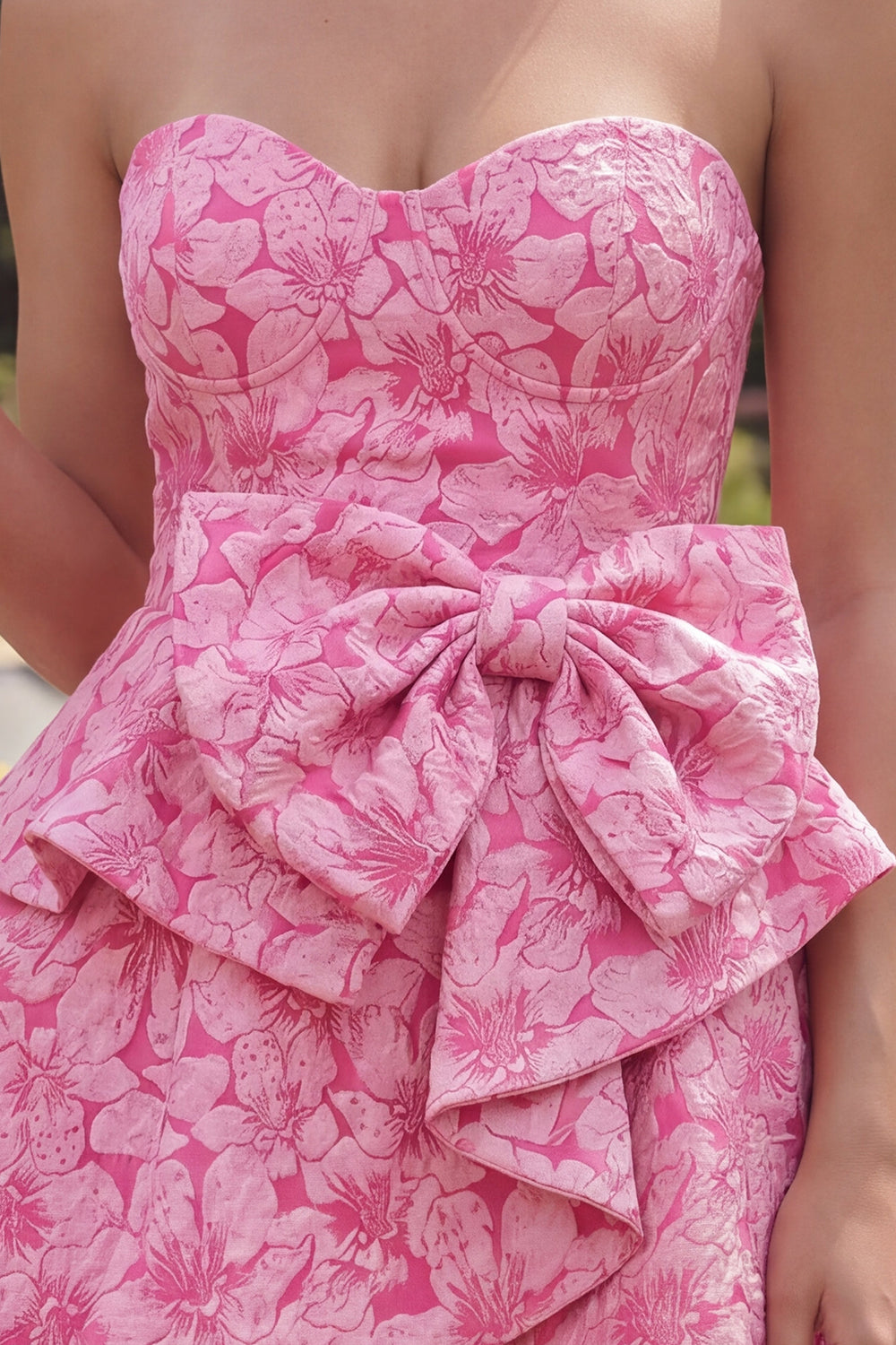 A Line Short Floral Fuchsia Ruffled Homecoming Dress with Bow