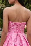 A Line Short Floral Fuchsia Ruffled Homecoming Dress with Bow