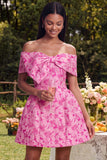 Fuchsia A Line Short Floral Off the Shoulder Homecoming Dress with Bow