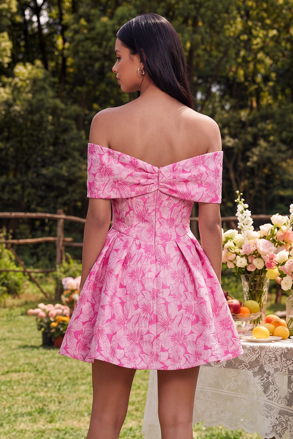 Fuchsia A Line Short Floral Off the Shoulder Homecoming Dress with Bow