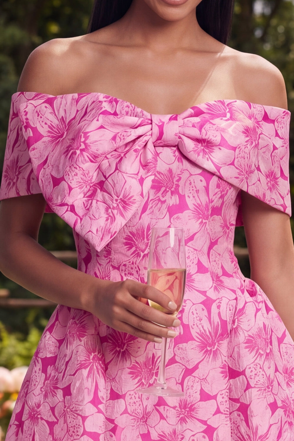 Fuchsia A Line Short Floral Off the Shoulder Homecoming Dress with Bow