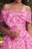 Fuchsia A Line Short Floral Off the Shoulder Homecoming Dress with Bow