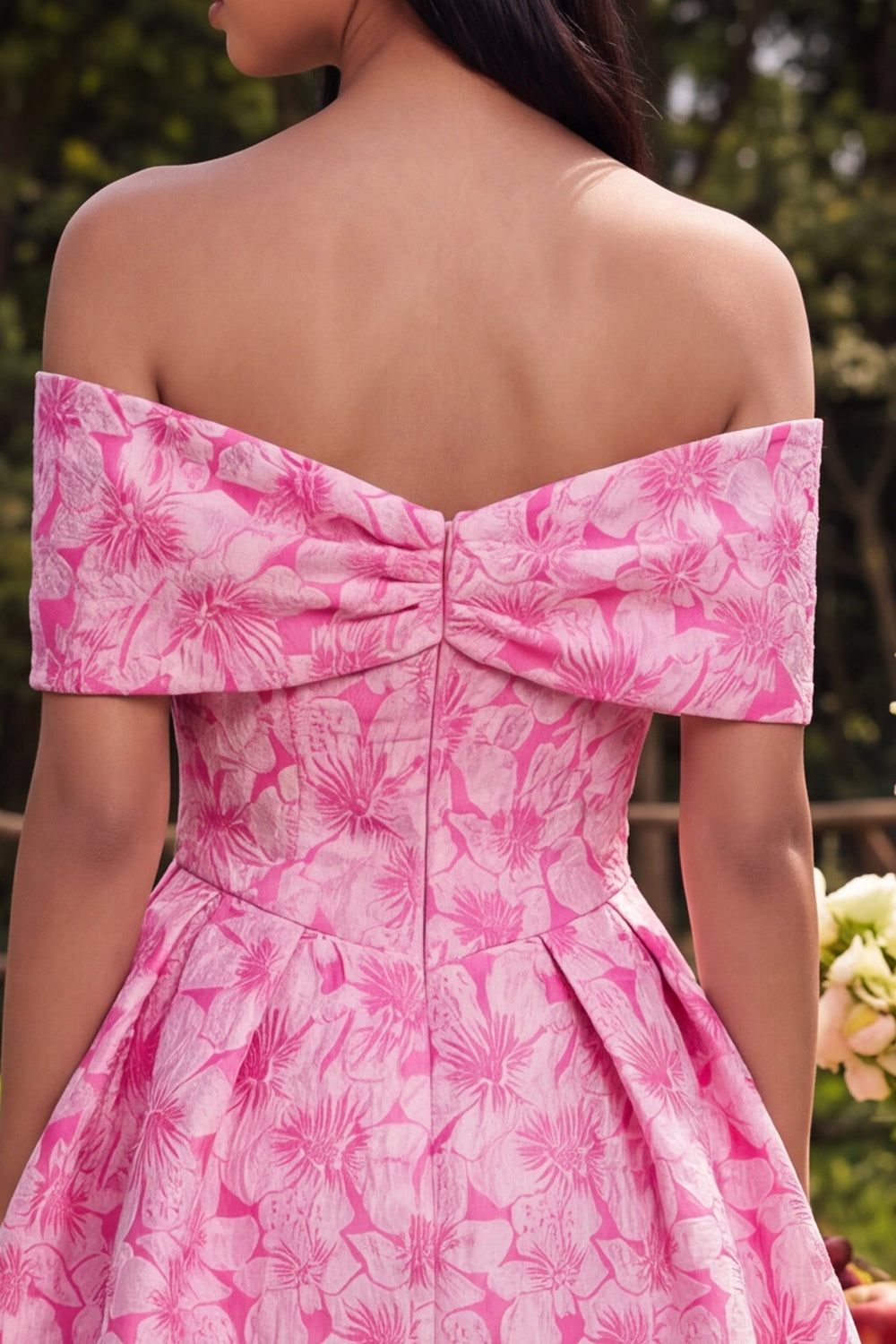 Fuchsia A Line Short Floral Off the Shoulder Homecoming Dress with Bow