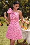 One Shoulder Fuchsia A Line Short Floral Homecoming Dress with Pockets