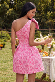 One Shoulder Fuchsia A Line Short Floral Homecoming Dress with Pockets
