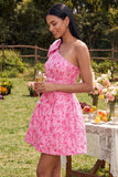 One Shoulder Fuchsia A Line Short Floral Homecoming Dress with Pockets