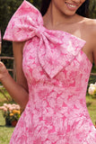 One Shoulder Fuchsia A Line Short Floral Homecoming Dress with Pockets
