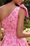 One Shoulder Fuchsia A Line Short Floral Homecoming Dress with Pockets