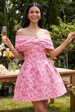 Floral Off the Shoulder Fuchsia A Line Short Homecoming Dress with Bow