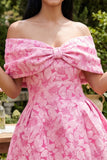 Floral Off the Shoulder Fuchsia A Line Short Homecoming Dress with Bow