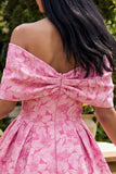 Floral Off the Shoulder Fuchsia A Line Short Homecoming Dress with Bow