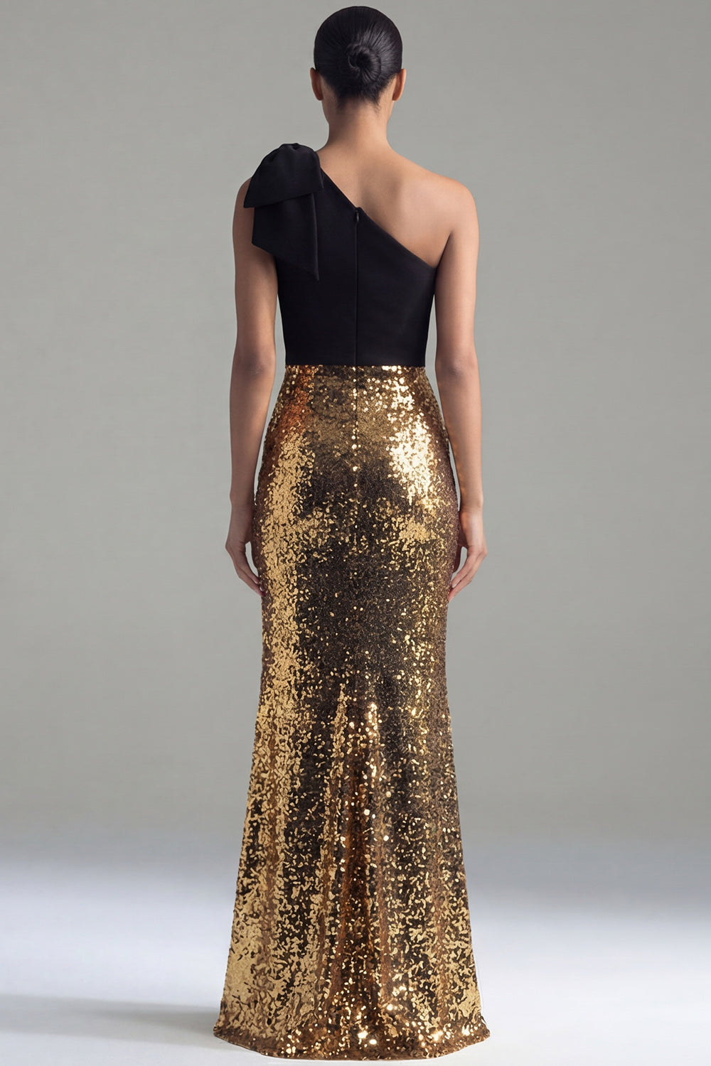 Long Ruched Glitter Mermaid Black and Gold One Shoulder Sequin Formal Dress with Bow