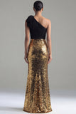 Long Ruched Glitter Mermaid Black and Gold One Shoulder Sequin Formal Dress with Bow