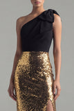 Long Ruched Glitter Mermaid Black and Gold One Shoulder Sequin Formal Dress with Bow