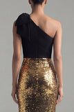 Long Ruched Glitter Mermaid Black and Gold One Shoulder Sequin Formal Dress with Bow