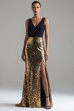 V-Neck Long Glitter Mermaid Black and Gold Sequin Formal Dress with Slit