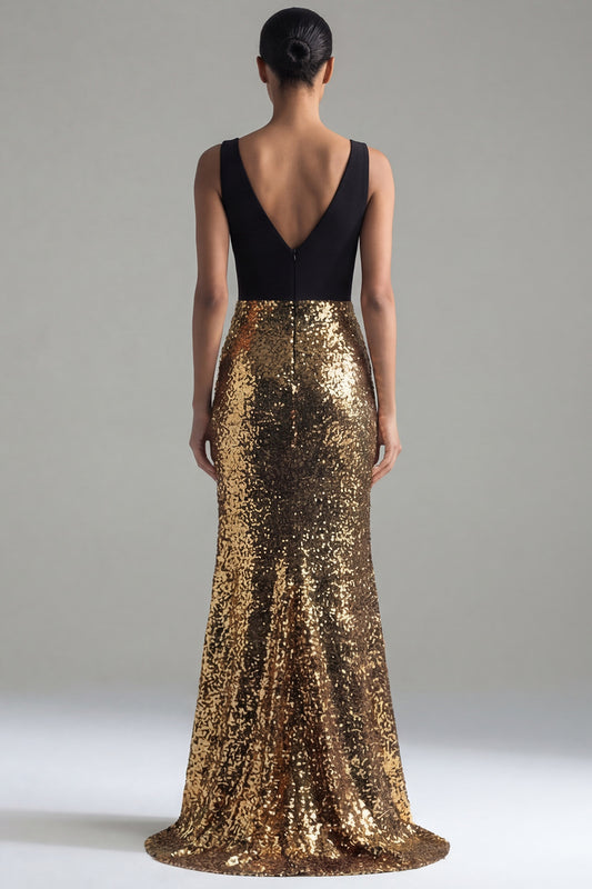 V-Neck Long Glitter Mermaid Black and Gold Sequin Formal Dress with Slit