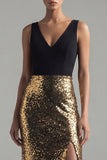 V-Neck Long Glitter Mermaid Black and Gold Sequin Formal Dress with Slit