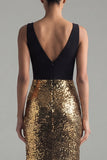 V-Neck Long Glitter Mermaid Black and Gold Sequin Formal Dress with Slit