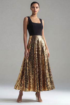 Square Neck Glitter A Line Black and Gold Maxi Sequin Formal Dress
