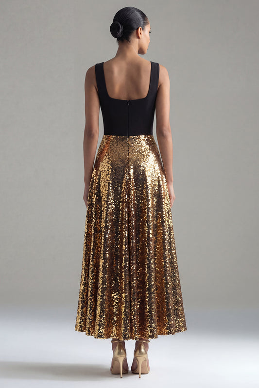 Square Neck Glitter A Line Black and Gold Maxi Sequin Formal Dress