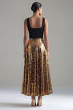 Square Neck Glitter A Line Black and Gold Maxi Sequin Formal Dress