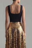 Square Neck Glitter A Line Black and Gold Maxi Sequin Formal Dress