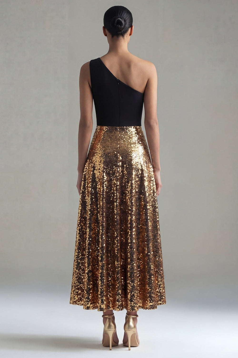 Glitter One Shoulder A Line Black and Gold Maxi Sequin Formal Dress