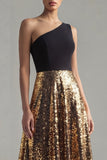 Glitter One Shoulder A Line Black and Gold Maxi Sequin Formal Dress