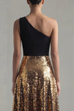 Glitter One Shoulder A Line Black and Gold Maxi Sequin Formal Dress