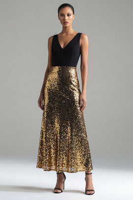 Glitter A Line Black and Gold V-Neck Maxi Sequin Formal Dress