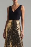 Glitter A Line Black and Gold V-Neck Maxi Sequin Formal Dress