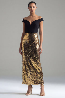 Off the Shoulder Glitter Sheath Black and Gold Maxi Sequin Formal Dress with Back Slit