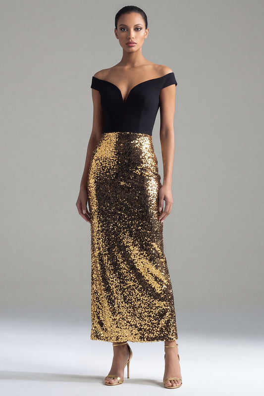 Off the Shoulder Glitter Sheath Black and Gold Maxi Sequin Formal Dress with Back Slit