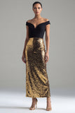 Off the Shoulder Glitter Sheath Black and Gold Maxi Sequin Formal Dress with Back Slit