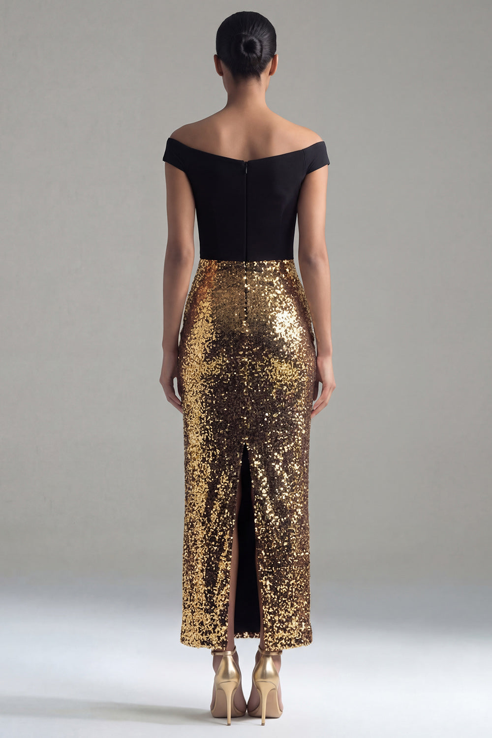 Off the Shoulder Glitter Sheath Black and Gold Maxi Sequin Formal Dress with Back Slit