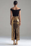 Off the Shoulder Glitter Sheath Black and Gold Maxi Sequin Formal Dress with Back Slit
