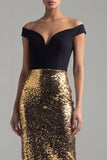 Off the Shoulder Glitter Sheath Black and Gold Maxi Sequin Formal Dress with Back Slit