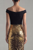 Off the Shoulder Glitter Sheath Black and Gold Maxi Sequin Formal Dress with Back Slit